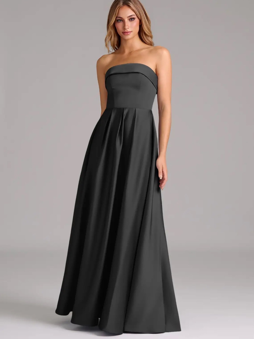 Azazie Lucienne Strapless Black A-Line Satin Stretch Gown Dress Formal Black Tie